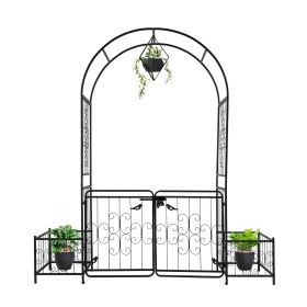 7.2FT Black Metal Garden Arbor with Arched Top Gate and Planter Boxes 16MM Tubing Iron Arch Trellis for Climbing Plants Outdoor Patio Lawn Backya