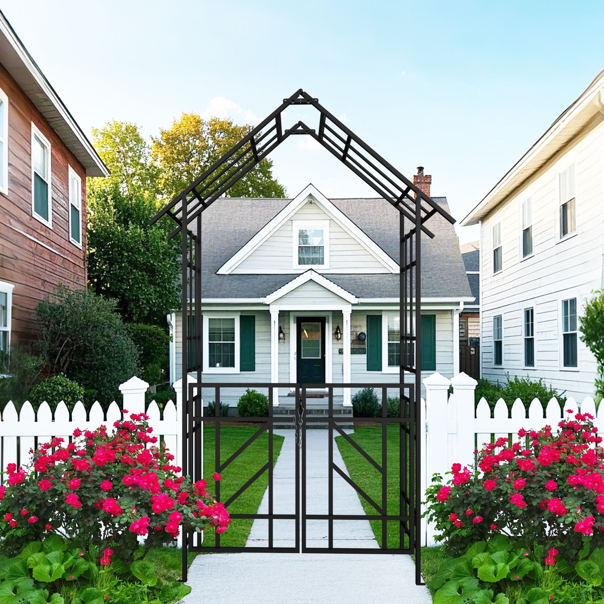 Metal Garden Arch with Gate W58.07*H97.24 Climbing Plants Support Rose ...