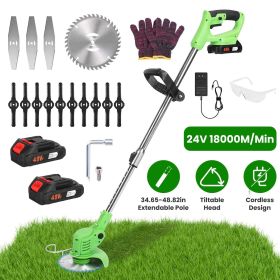 24V 300W Cordless Grass Trimmer Rechargeable Lawn Mower 18000M/Min Weed Cutter with Saw Blade 2 Stainless Steel Blades 10 Plastic Blades 2 Rechar