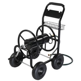 Black Metal Garden Hose Reel Cart with Green Hose Iron Spoked Wheels and Storage Handle 37*22.6*38.6inch Heavy Duty Water Hose Holder Trolley for