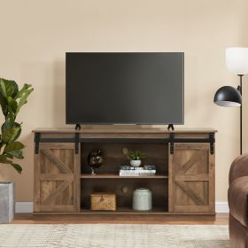 58" Farmhouse TV Stand and Entertainment Center for Televisions up to 65 Inchs,with Sliding Barn Doors and Storage Cabinets,Natural Brown