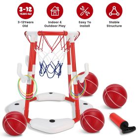 Summer Pool Basketball Hoop Toy Set With 4 Basketballs 4 Circles Pump Floating Swimming Pool Basketball Games Poolside Water Play Toy For 3-12Yea (Color: Red)