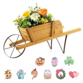 2 In 1 Wheelbarrow Planter, Wooden Wagon Planter with 9 Magnetic Accessories for Garden Yard (Color: as picture)