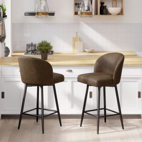 The bar stools feature an arched backrest and seat design, and are paired with black metal thin legs (Color: Dark brown)